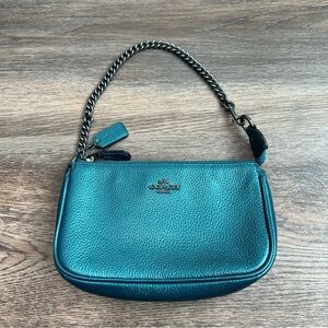 Coach Nolita 19 Mini Wristlet Teal Metallic Pebbled Leather Chain Strap